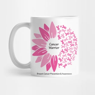 Breast cancer warrior with flower, ribbons & black type Mug